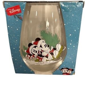 Disney Christmas Mickey Minnie Mouse Sledding Tear Drop Stemless Wine Glass‎ NIB